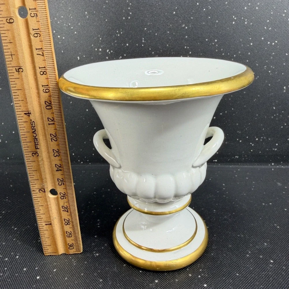 Mottahedeh Italy Porcelain Footed Urn Vase Bowl White Gold Trim Double Handle